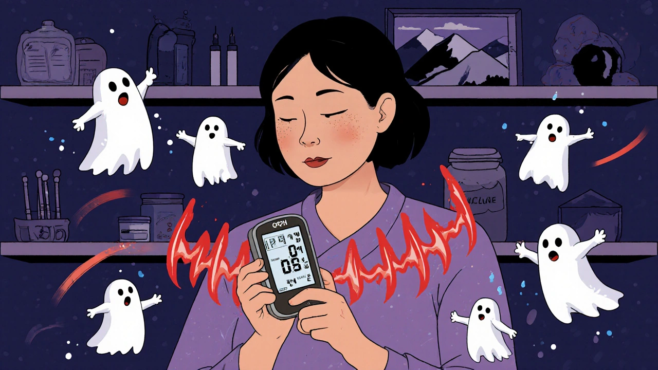 A woman alarmed by her CGM as low blood sugar ghosts surround her.