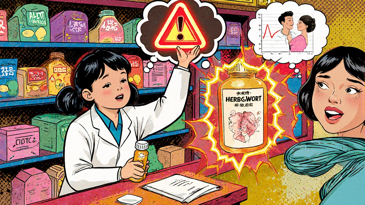 A woman at a pharmacy reaching for herbal supplements while a pharmacist holds up a red alert, with a cracked thought bubble showing pregnancy and illness.
