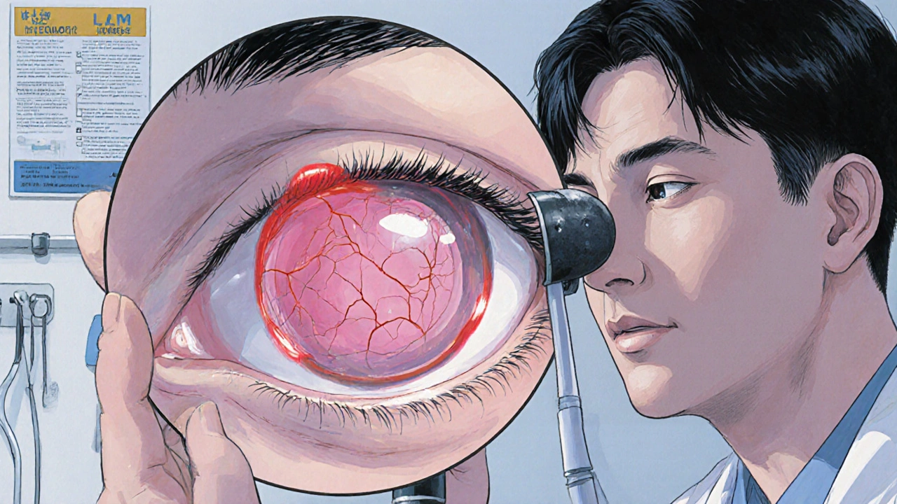 An eye doctor examining a patient&#039;s eye with a slit-lamp, showing a pterygium growth.