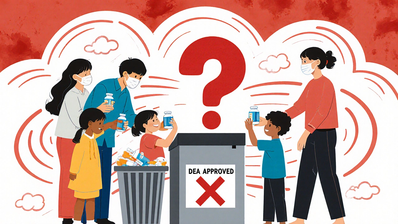 Community members dropping pills into secure take-back bin at pharmacy with protective symbols.