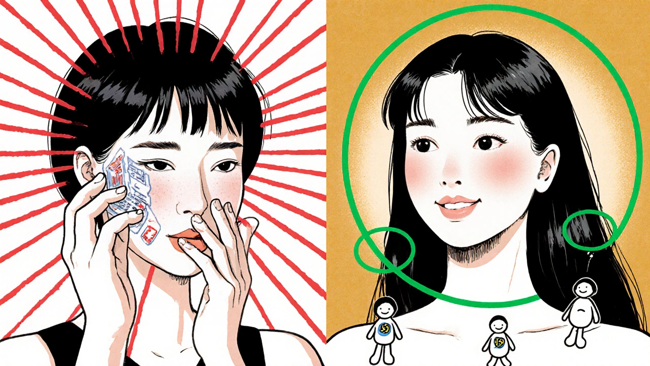 Contrasting scenes: unsafe salicylic acid on left, safe benzoyl peroxide on right, with warning and safety symbols.