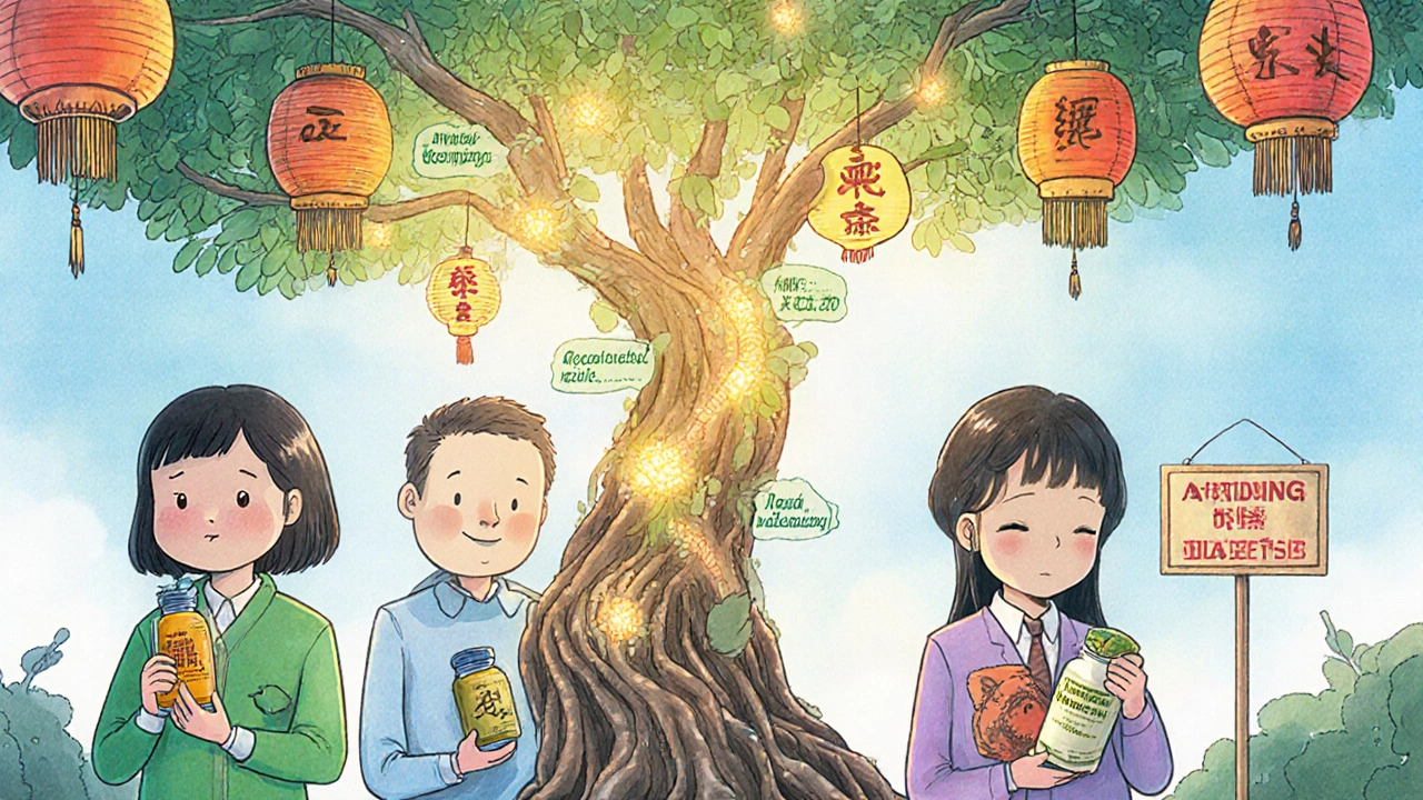 Diverse people holding different herbal tonics under a magical wellness tree with symbolic roots.