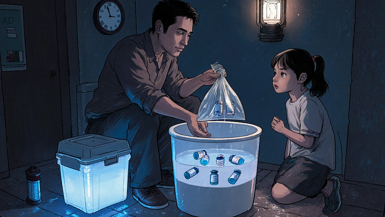 Man holding insulin vials floating in a toilet tank during a power outage, child watching nearby.