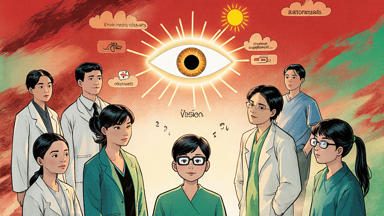 Medical team treating thyroid eye disease, with a visual journey from inflammation to recovery shown in background panels.