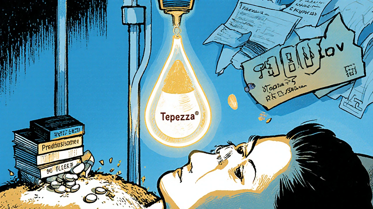 Patient receiving IV steroid treatment while a glowing biologic drug reverses eye bulging, with a massive price tag floating nearby.