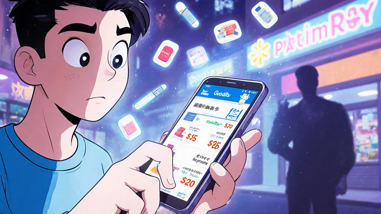 Patient using phone app to compare generic drug prices at three pharmacies with visible price tags.