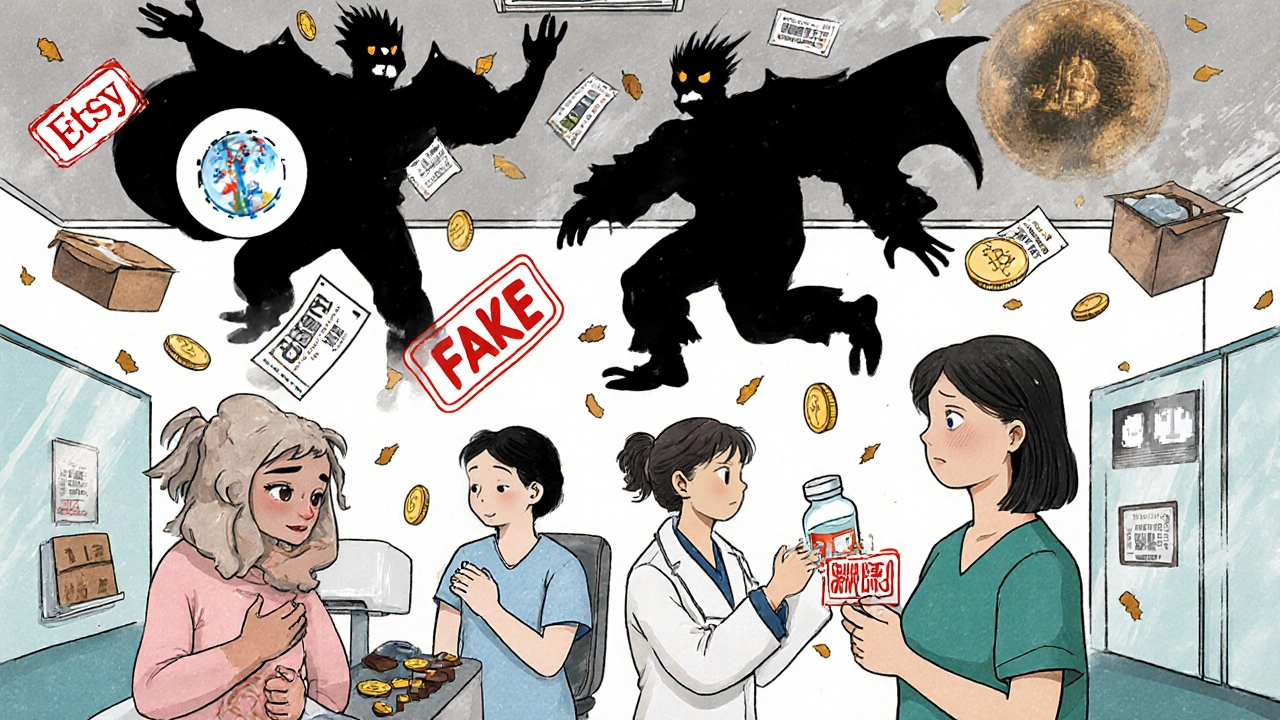 Patients in emergency room suffering from counterfeit drugs, with ghostly online sellers hovering above, holding cryptocurrency coins.