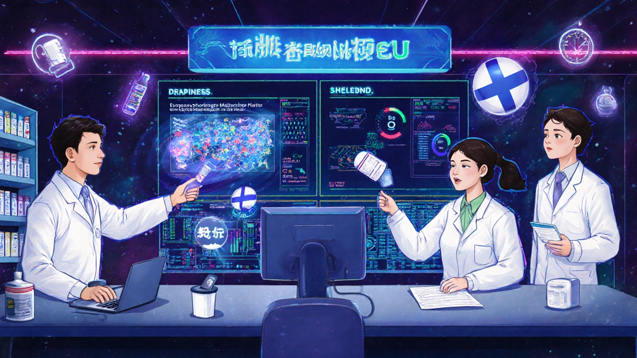 Pharmacists across Europe monitor a live EU medicine stock dashboard, helping a patient in Finland receive a drug from Sweden.