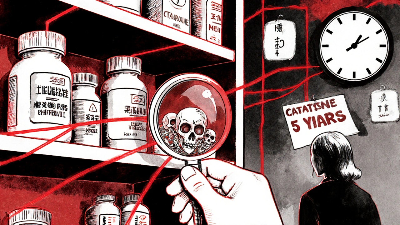 Pharmacy shelves with dangerous drug interactions linked by red warning lines and a woman with blurred vision.