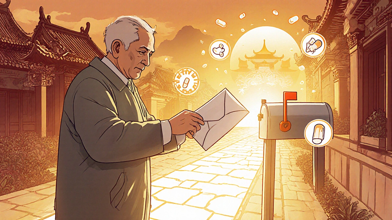 Senior placing sealed medication envelope into mailbox with secure disposal path glowing in distance.