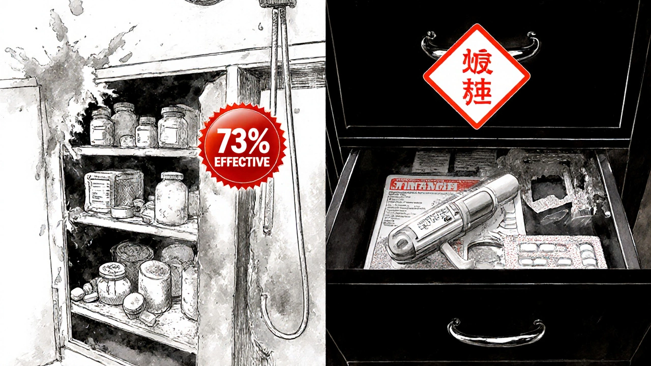 Split illustration: ruined bathroom meds vs. properly stored meds in a dry drawer.