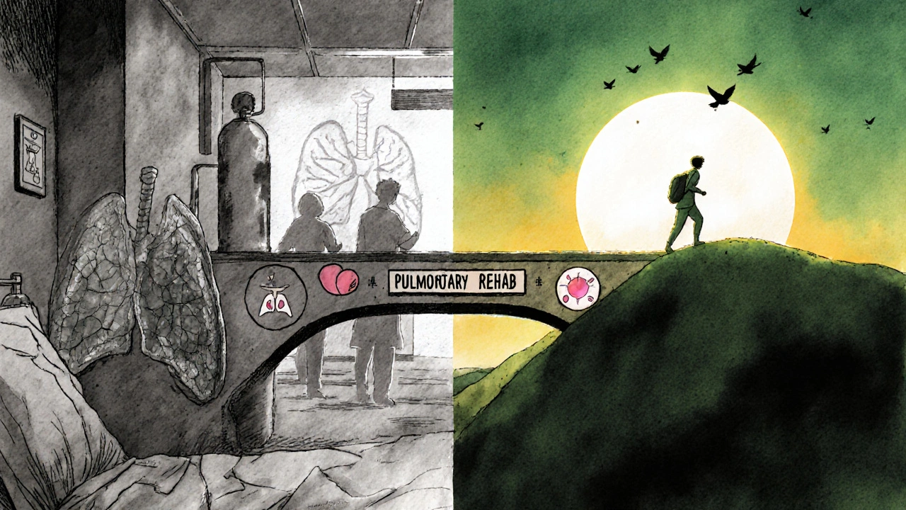 Split scene: one side shows damaged lungs, the other shows recovery—connected by a rehab bridge in Chinese manhua style.