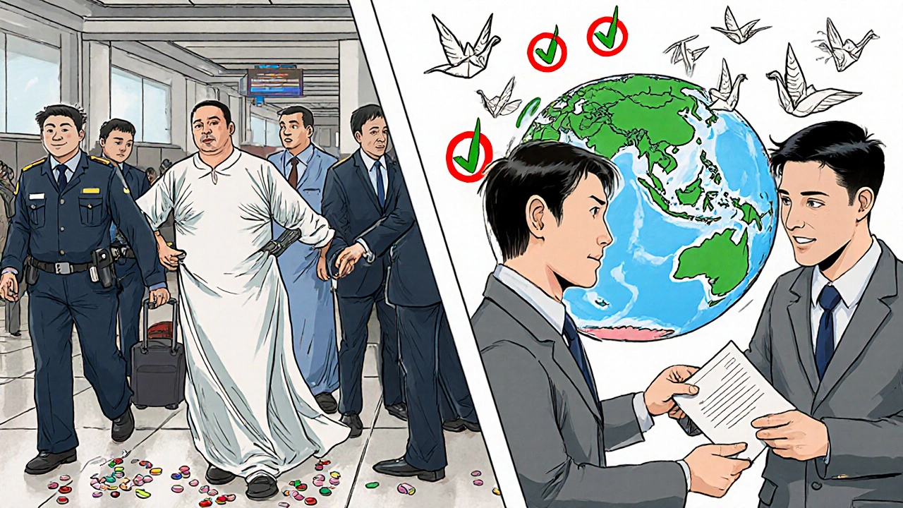 Split scene: one traveler arrested for meds, another approved — globe shows banned and allowed countries.