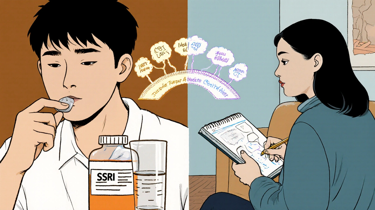 Split scene showing medication and therapy side by side, connected by glowing thought bridges.