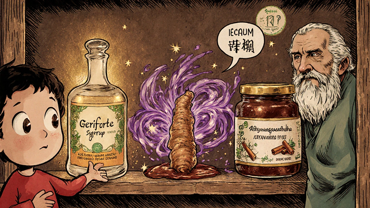 Three herbal syrups displayed on a shelf with glowing effects and a wise elder watching.