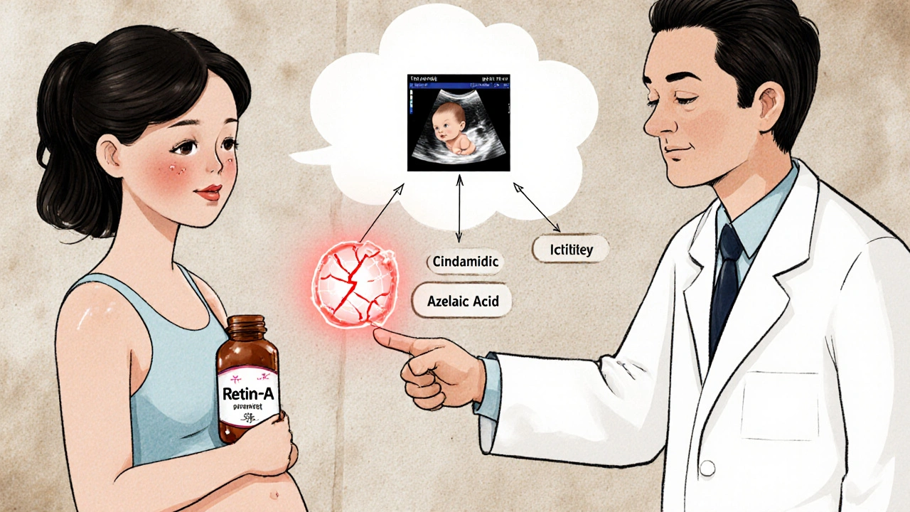 Woman discarding unsafe retinoid cream while dermatologist guides her toward safe pregnancy skincare options.