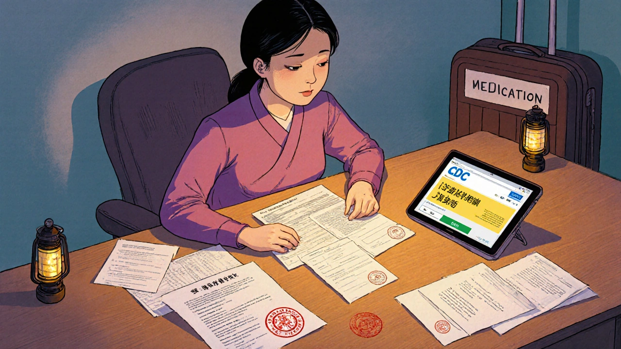 Woman organizing prescription documents and official forms for international travel.