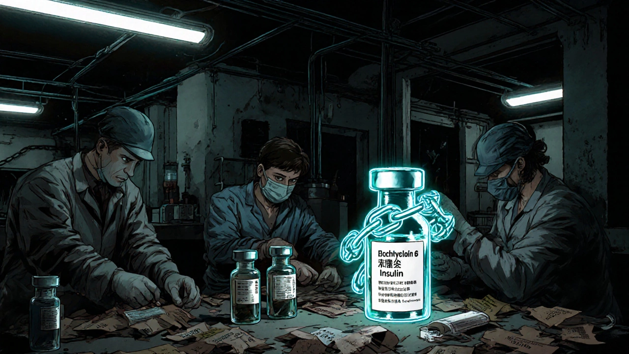 Workers assembling fake insulin vials in a dark Hong Kong warehouse, with one authentic vial marked by a glowing blockchain chain.