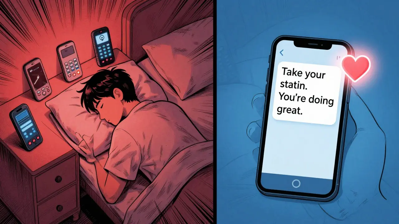 A contrast between chaotic missed reminders and a simple, effective text message for medication adherence.