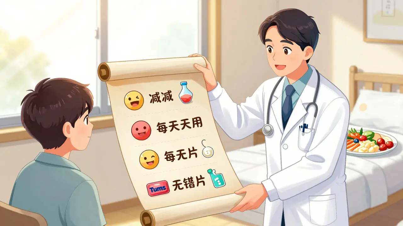 A doctor guiding a patient through a safe PPI taper plan with icons of antacids and healthy habits.