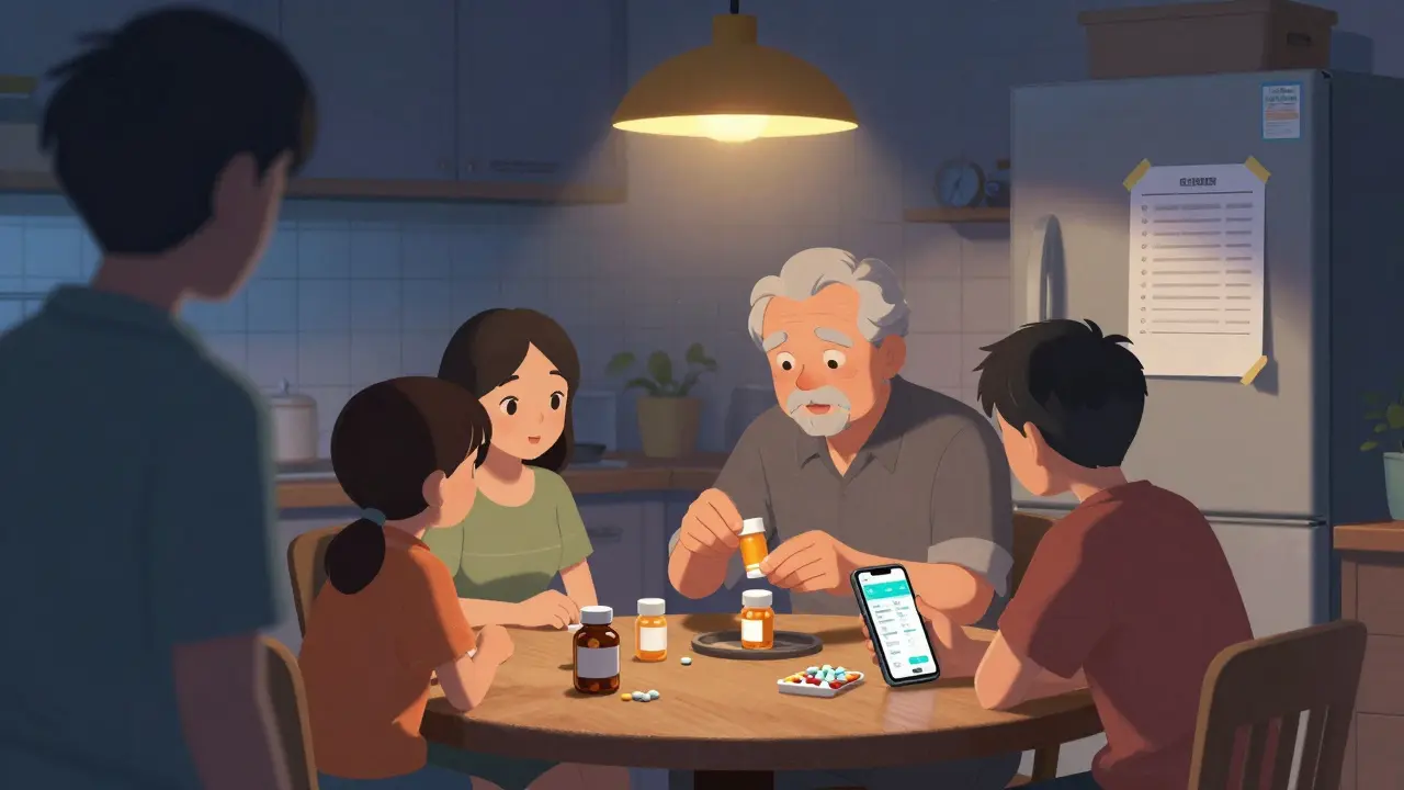 A family sorts pills together at home, using a phone app and printed list.