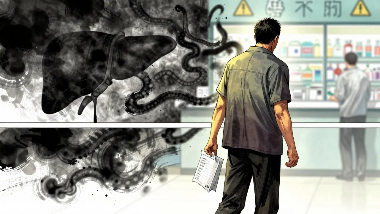 A man walks from a pharmacy as shadowy bile ducts vanish behind him, skin turning yellow.