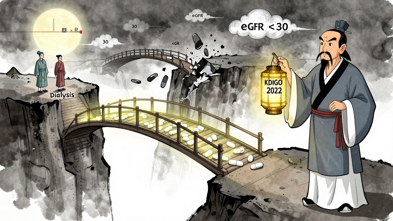 A patient crossing a bridge of dapagliflozin pills to avoid dialysis, while metformin bridge collapses behind them in manhua style.