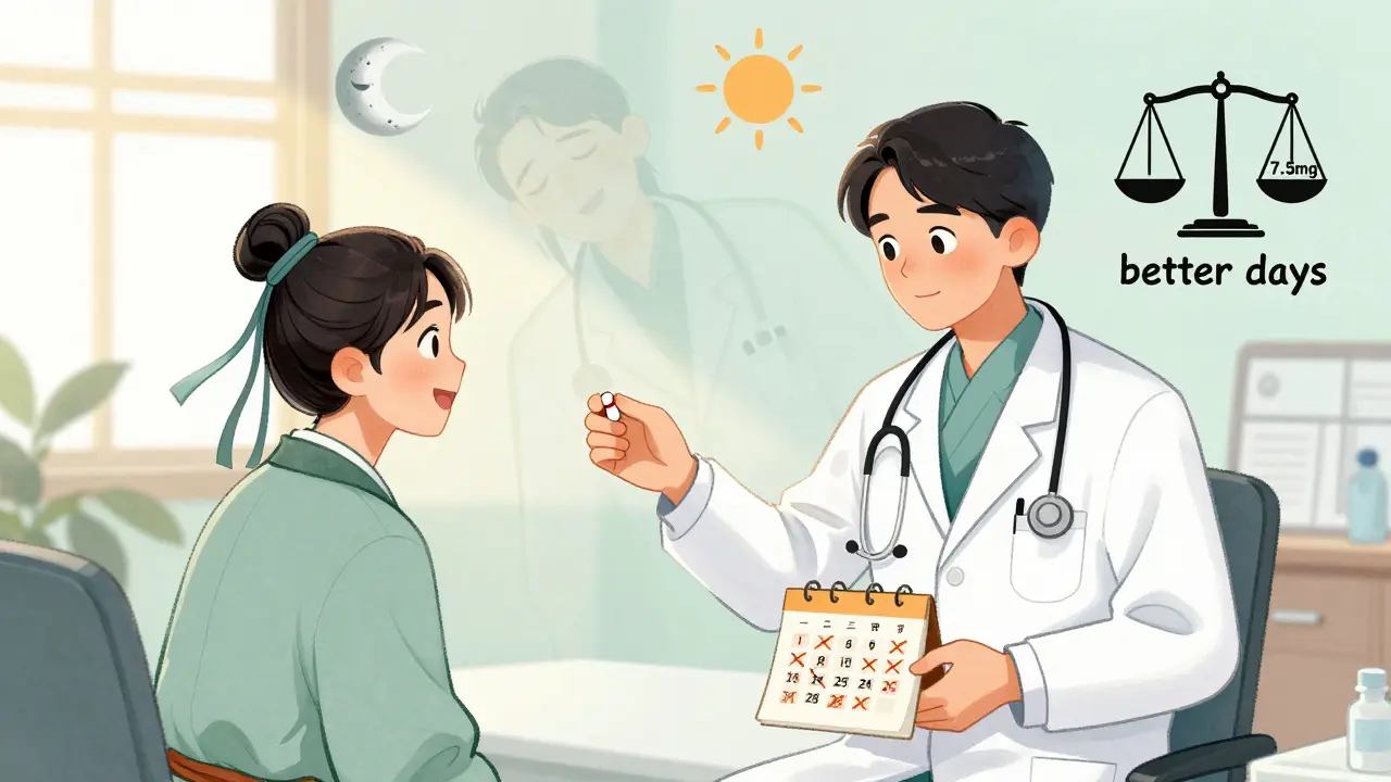 A patient receives a 7.5 mg pill from a doctor, leaving behind a fading groggy version of themselves.