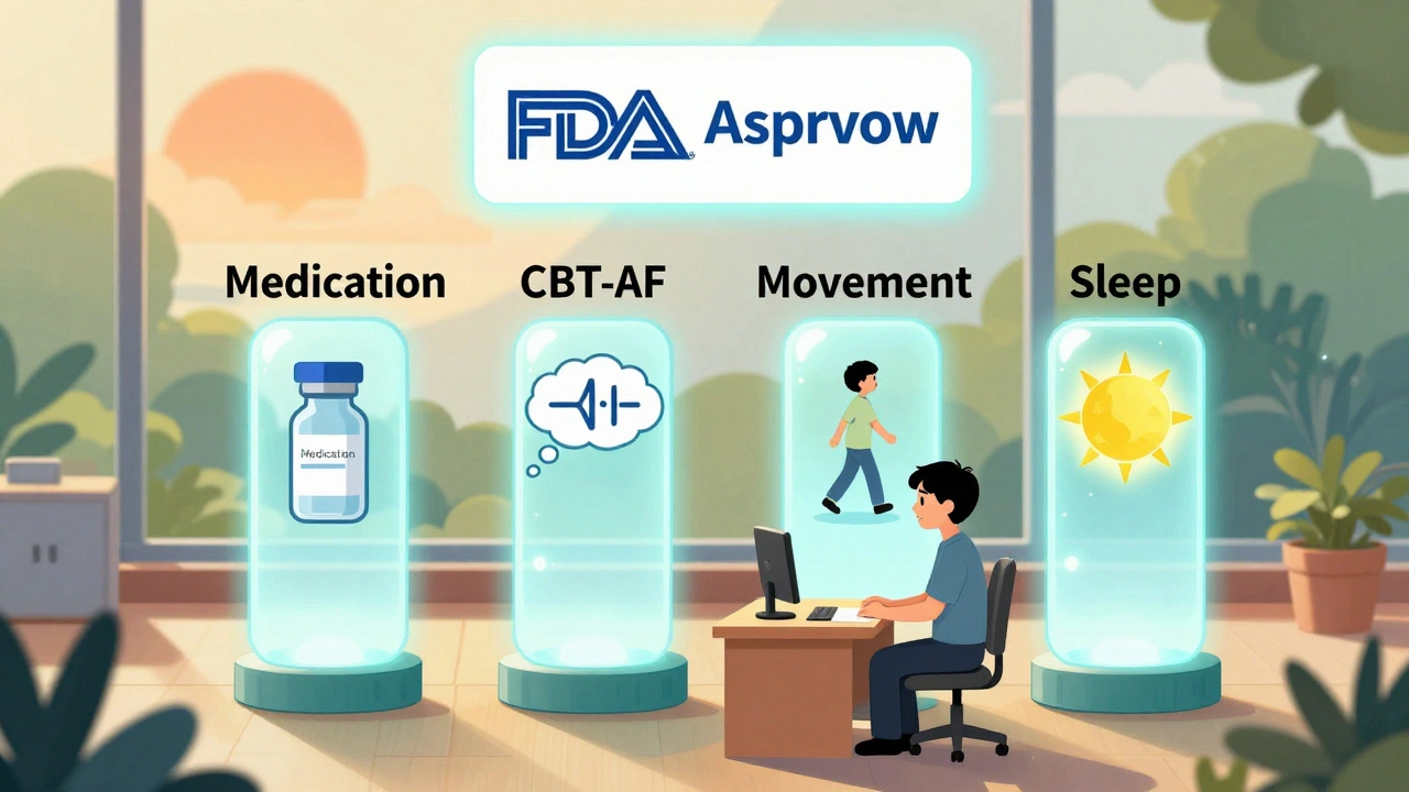A patient surrounded by four treatment pillars — medication, therapy, movement, and sleep — under a rising sun.