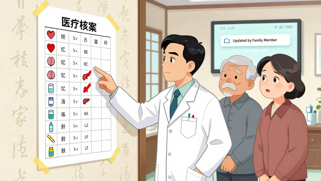 A pharmacist and family examine a detailed medication list with color-coded icons in a clinic, highlighting recent changes.
