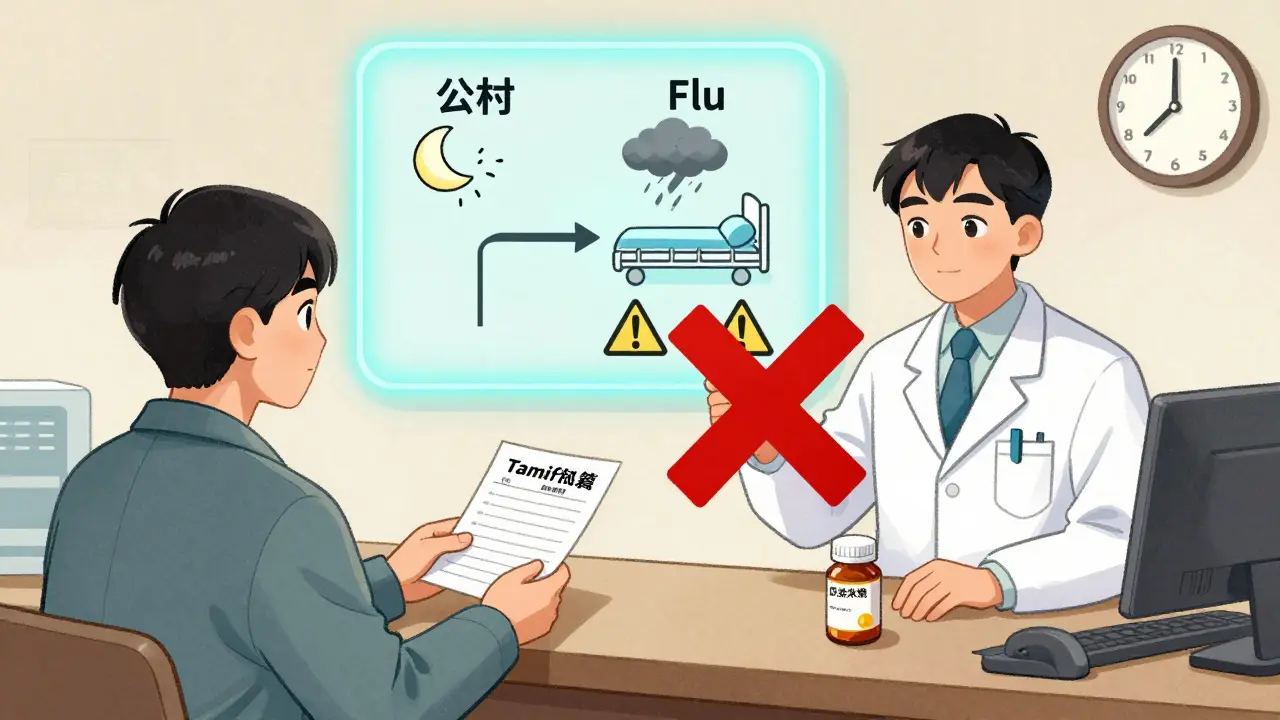 A pharmacist rejecting antibiotics for a flu prescription, with medical charts showing cold vs flu outcomes.