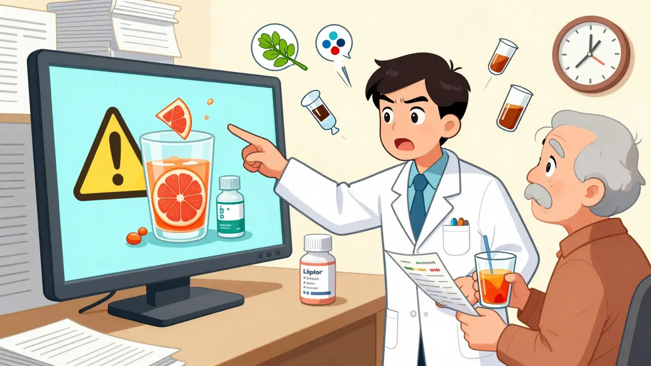 A pharmacist warns a patient about grapefruit juice interacting with medication, with other risky substances floating nearby.