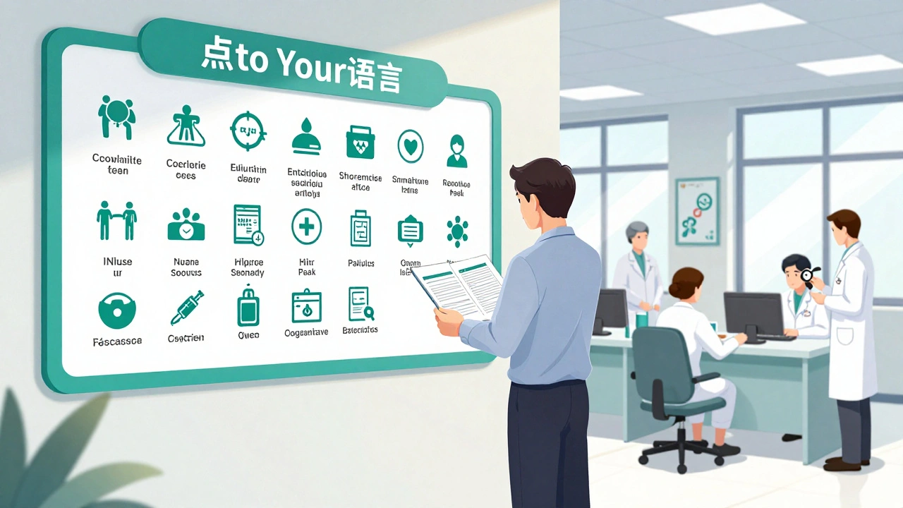 A pharmacy wall shows language icons while staff train to use interpretation services for patients.