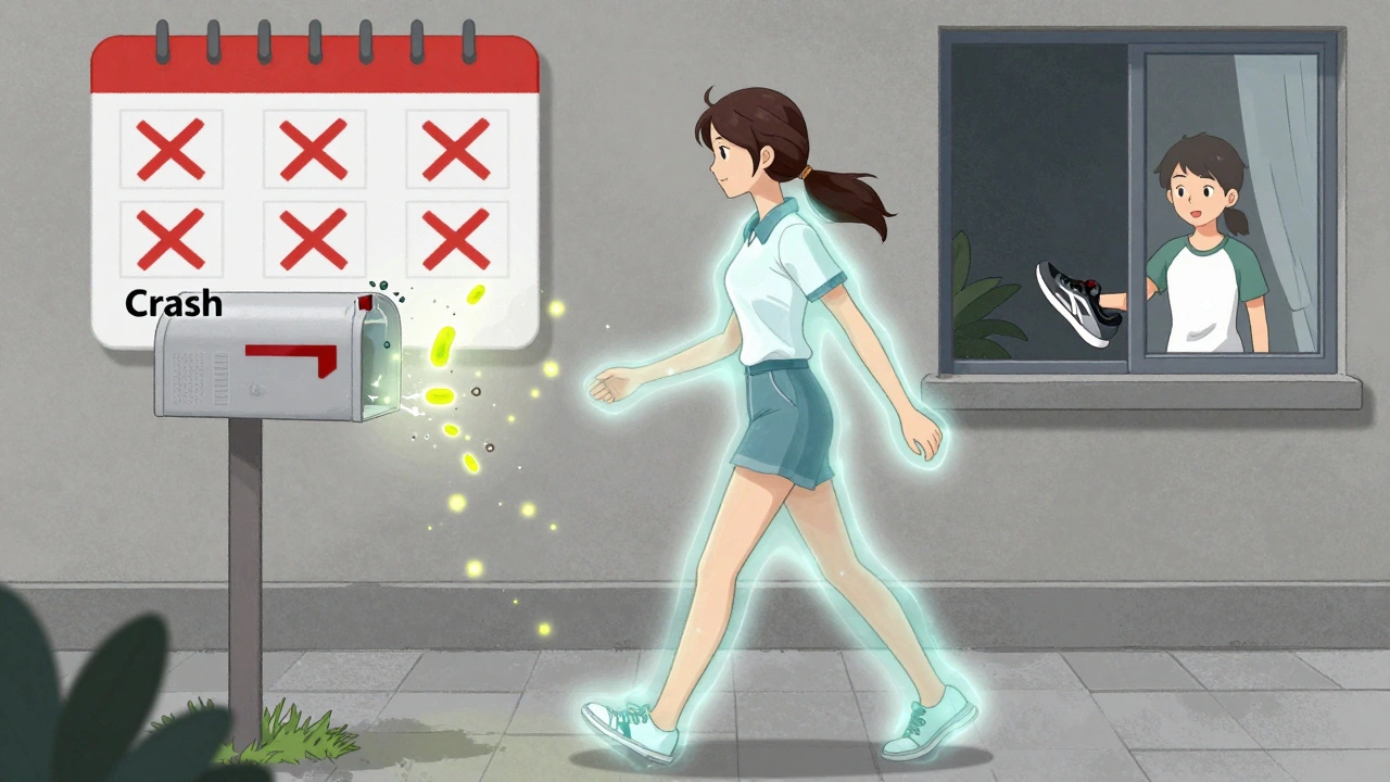 A woman walking to her mailbox as energy bursts around her, with calendar marks showing post-exertional crashes.