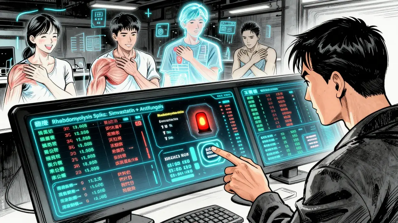 An AI system detects a dangerous drug interaction, triggering a black box warning as patient silhouettes show symptoms.