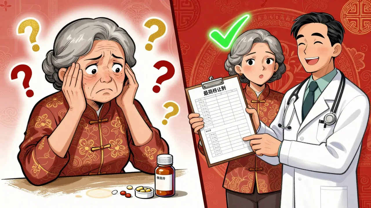 An elderly woman compares forgotten meds to an organized list with a doctor.