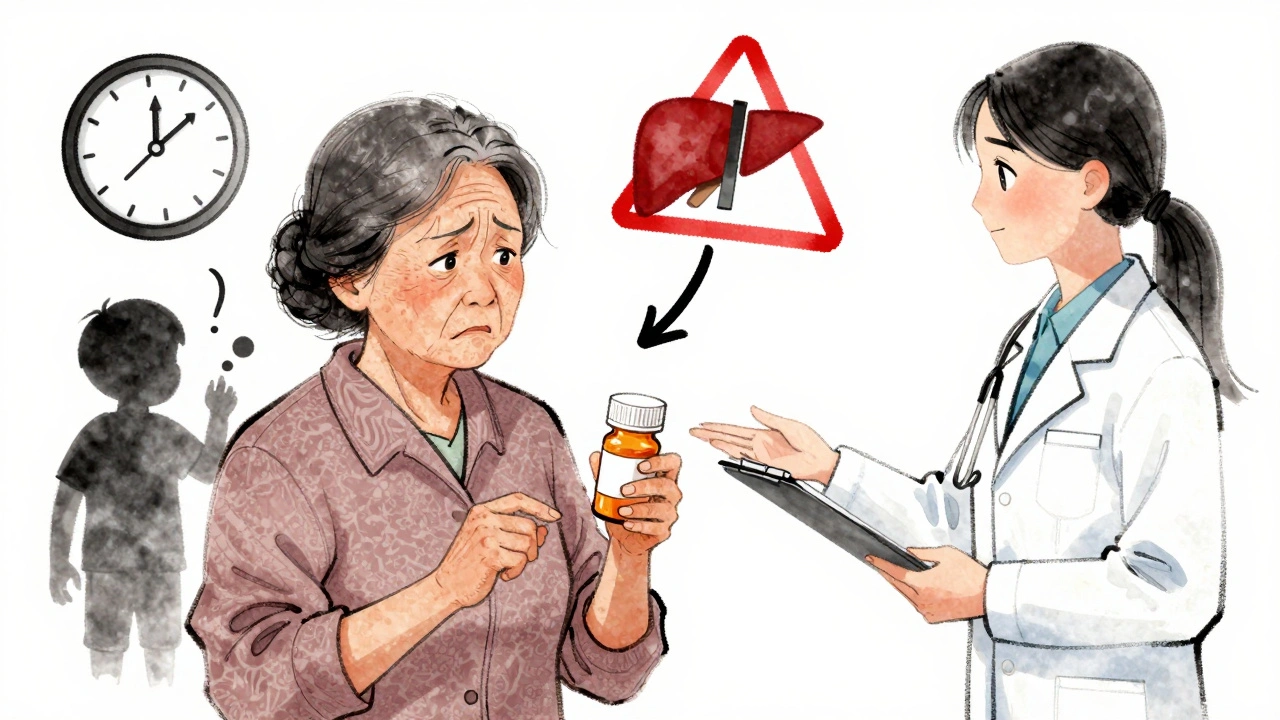 An elderly woman holds her medicine as symbolic dangers float around her, until an interpreter brings calm.