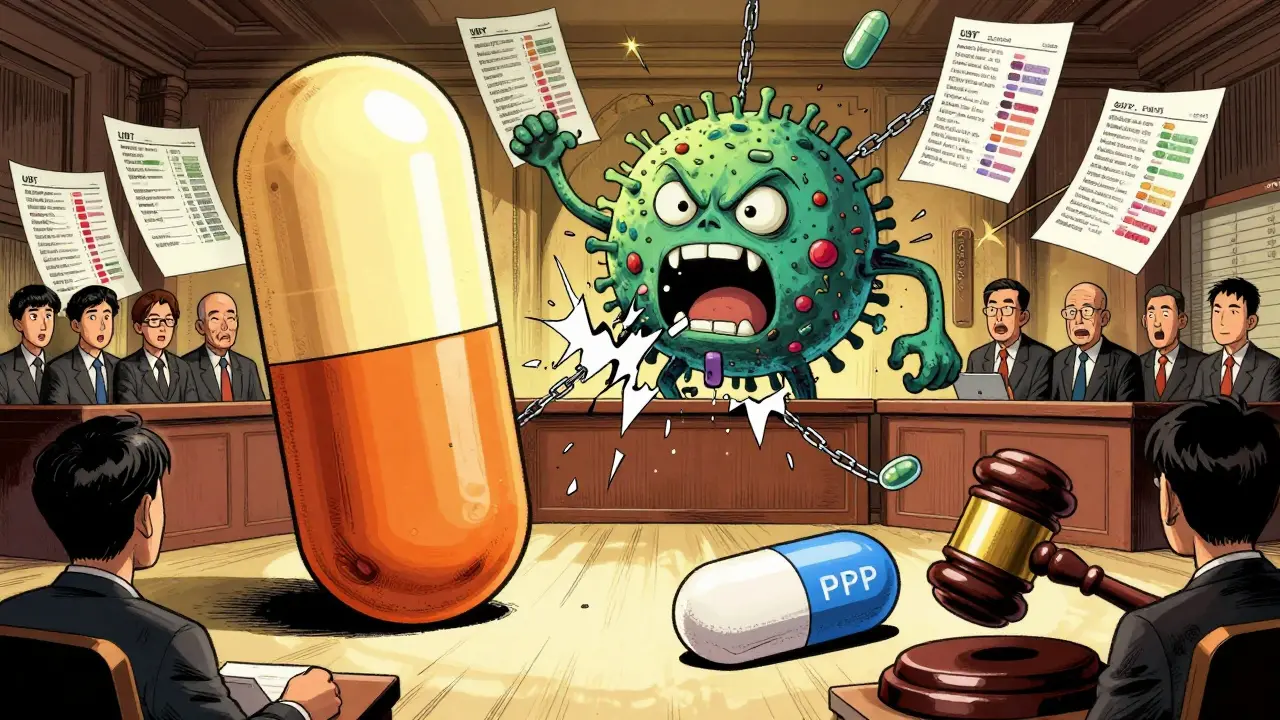 Bismuth and metronidazole as heroes fighting antibiotic-resistant H. pylori in a medical courtroom scene.