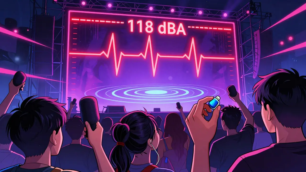 Concertgoer using filtered earplugs as sound levels spike to dangerous levels above the stage.