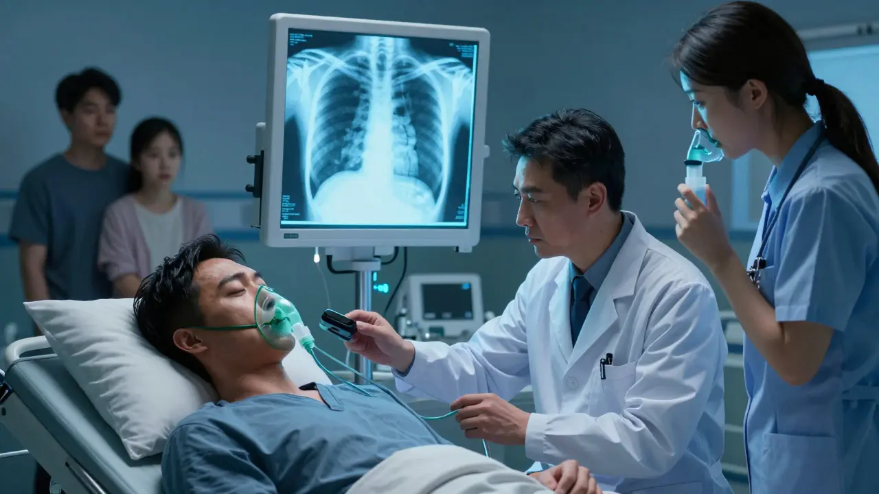 COPD patient in ER receiving oxygen and nebulizer treatment, doctor monitoring vitals.