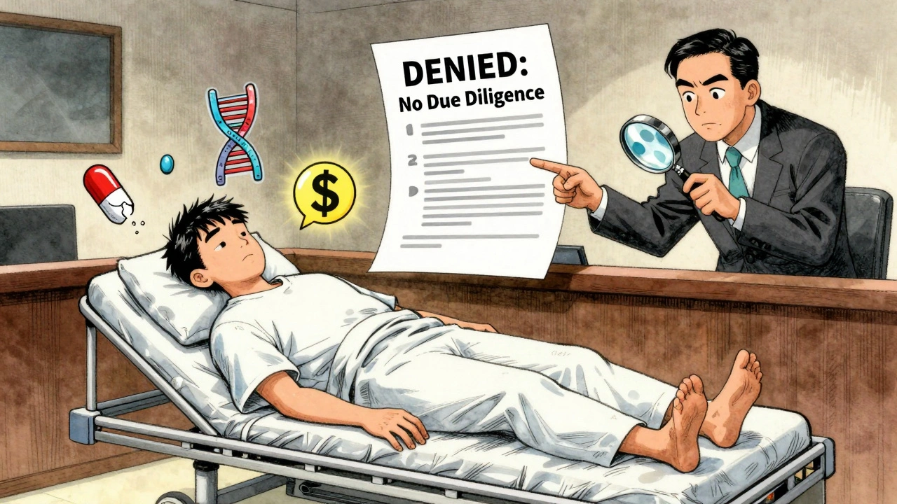 Courtroom scene with a sick patient, insurance document marked &#039;DENIED&#039;, and executive checking a verified pill.