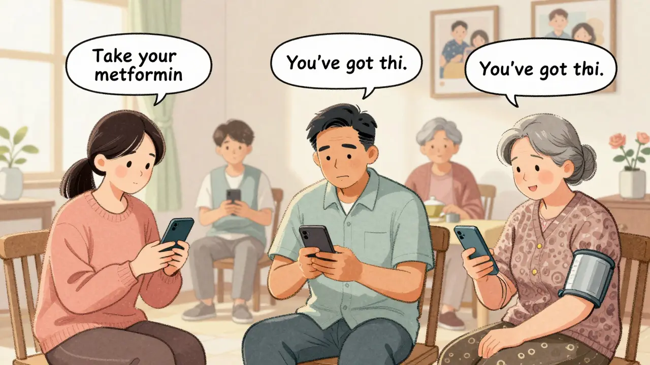 Diverse patients receive tailored text reminders for their medications during daily routines.