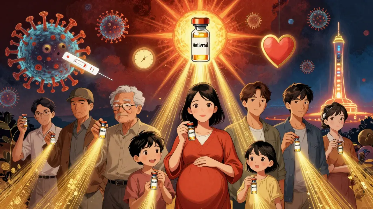 Diverse people holding antivirals as golden light banishes flu viruses, with a futuristic vaccine tower in the distance.