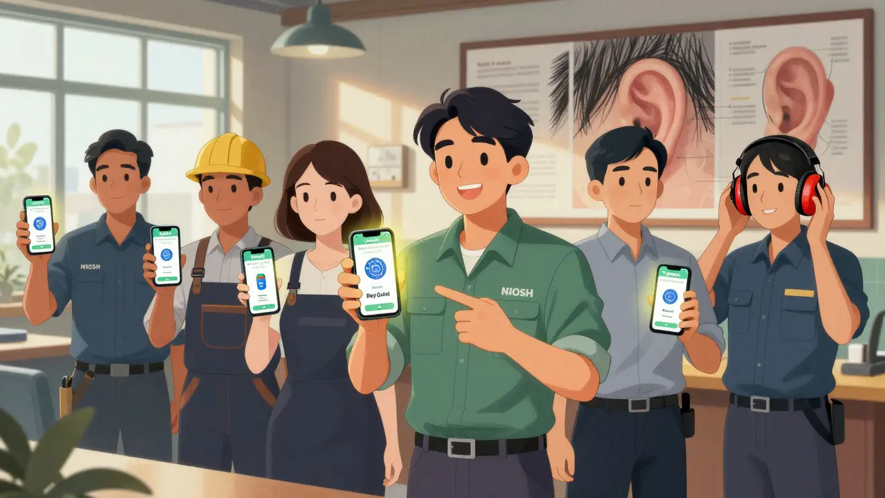 Diverse workers checking noise levels on smartphones, one adjusting properly fitted hearing protection.