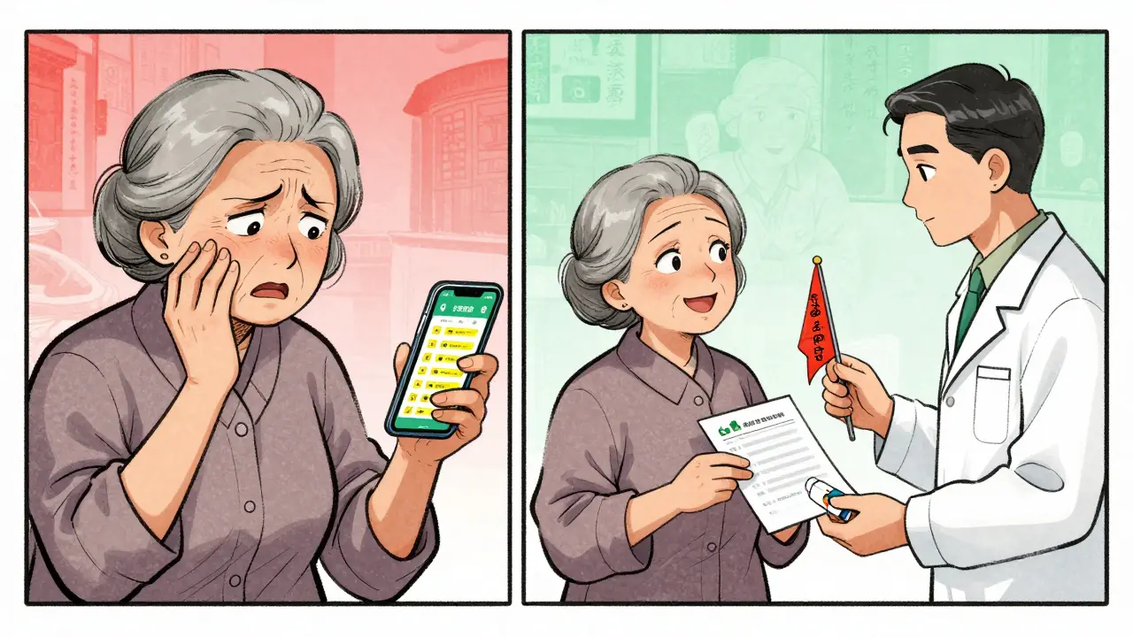 Elderly woman comparing confusing app alerts with pharmacist guidance in a clinic.