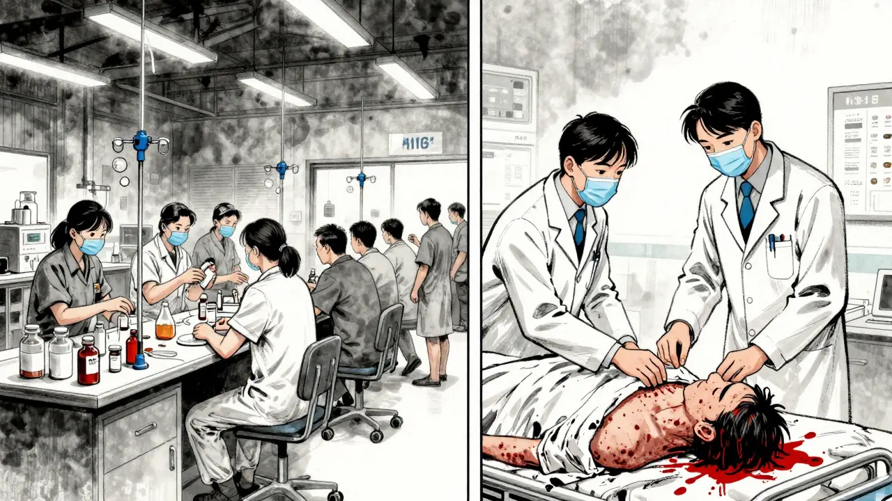 Factory in China and U.S. hospital ward shown side-by-side, highlighting drug shortage causes.