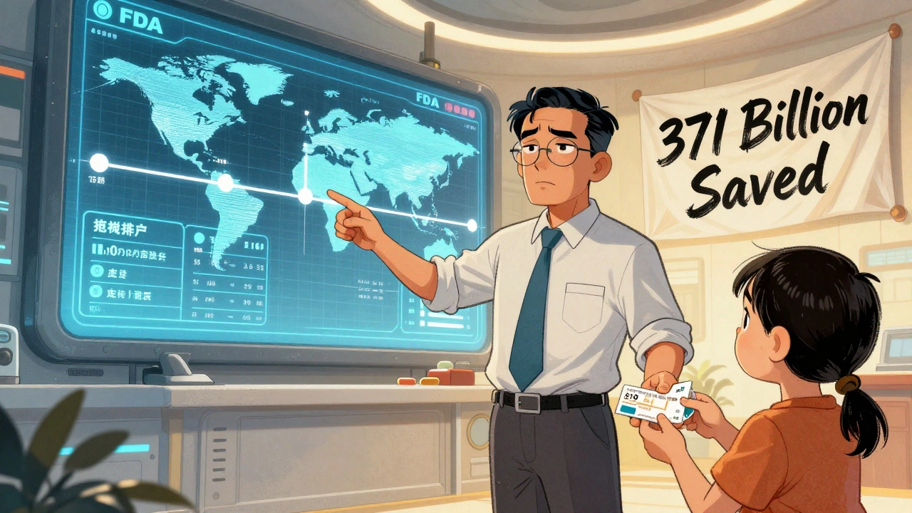 FDA official monitors generic drug approvals on a digital wall as a patient hands a low-cost prescription to a child.