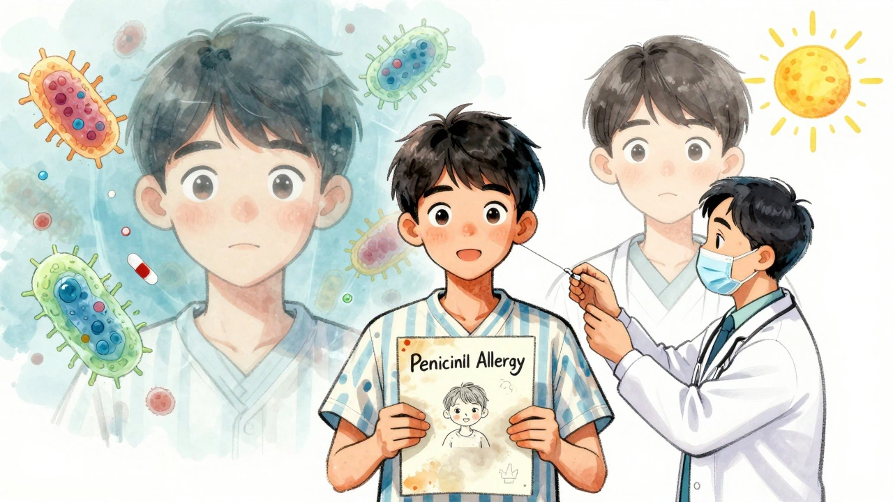 Man in hospital gown holding childhood allergy note while allergist performs skin test, split-screen showing safe vs risky antibiotics.