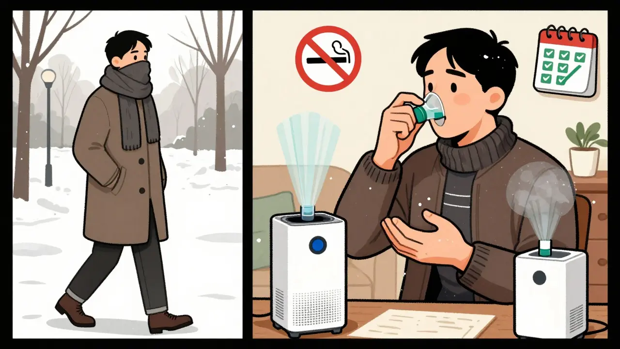 Man practicing COPD prevention: wearing scarf, using inhaler, washing hands, air purifier.