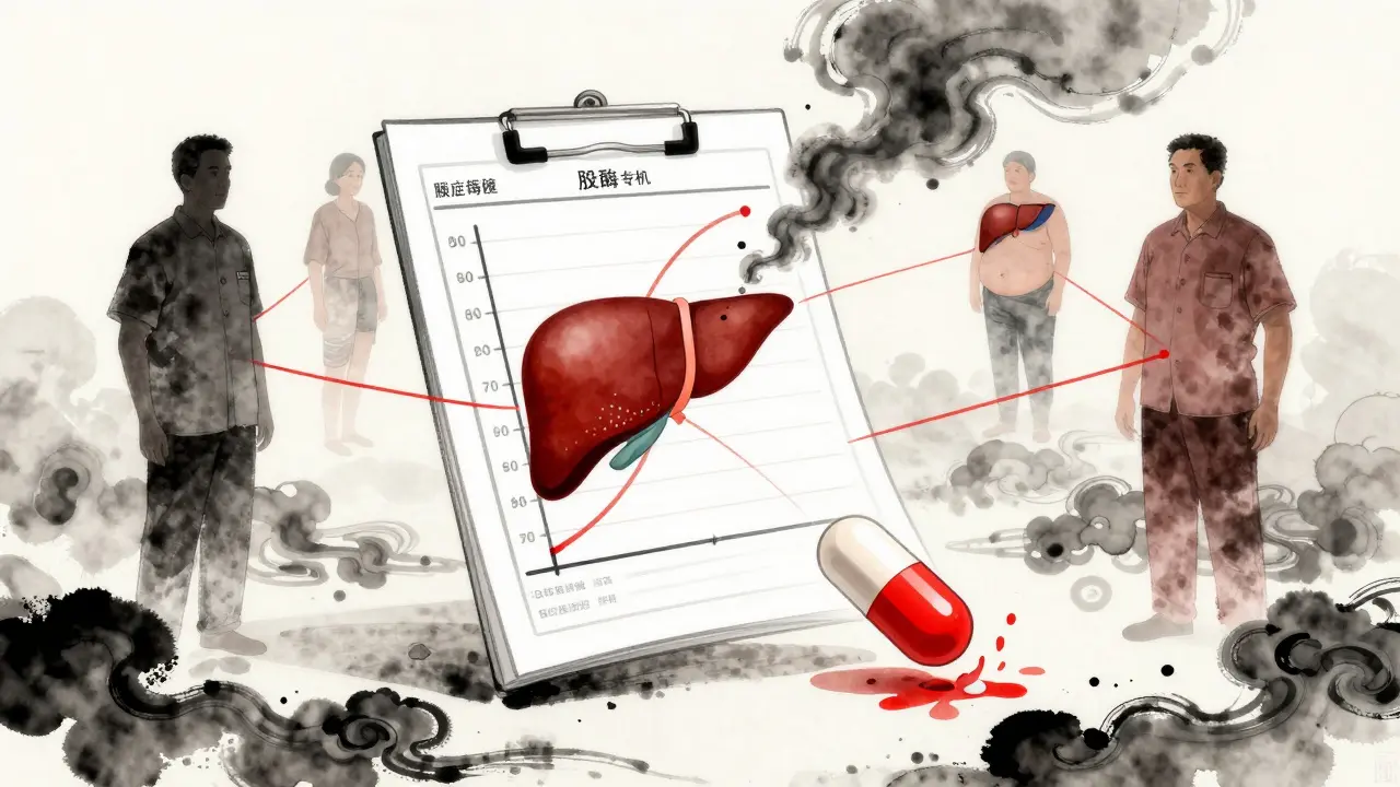 Medical charts with rising enzyme levels float around patient silhouettes near a dissolving pill.
